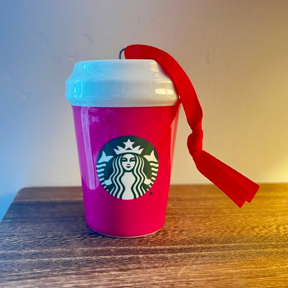 2021 Starbucks Ornament Pink Ceramic Coffee Cup Red Ribbon Holiday Christmas
